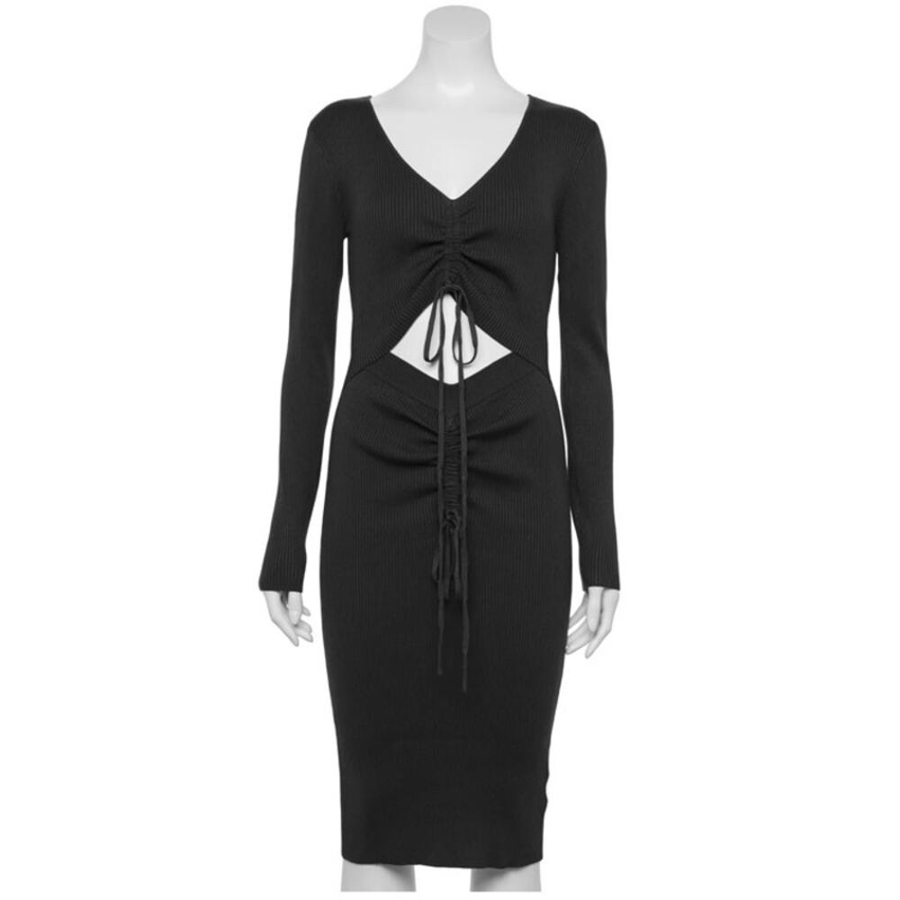 Almost Famous Women's Dress Size S Black Open Waist Ruched Knit